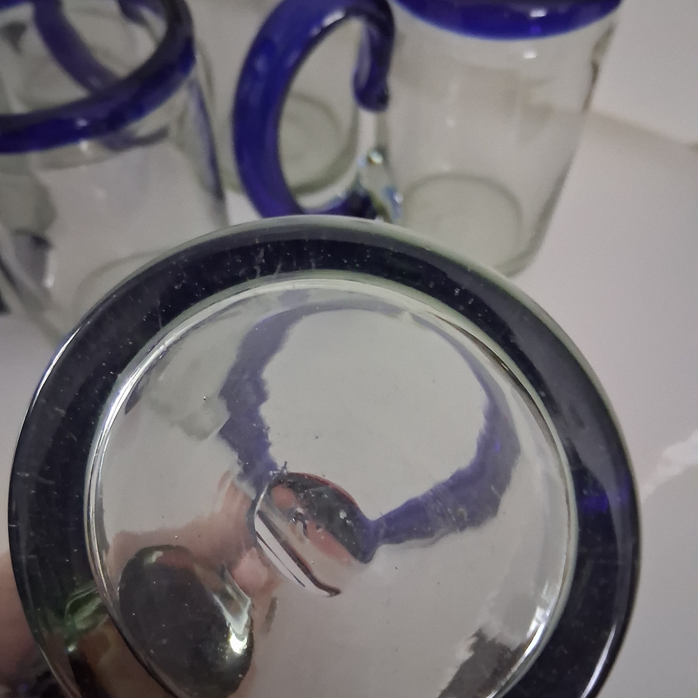 Mexican Hand Blown Blue Rimmed Glass Mugs Set Of 6 - Picture 3 of 8